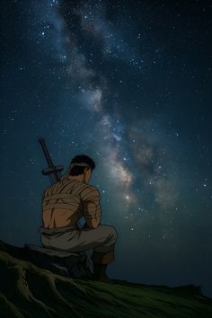a man sitting on top of a lush green field under a night sky filled with stars