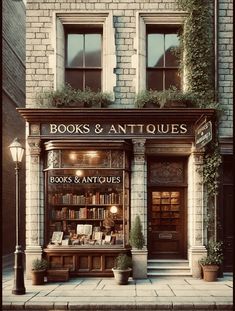 an old book and antiques store on the street