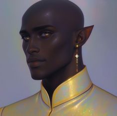 a close up of a person wearing a gold shirt with earrings on their ears and nose