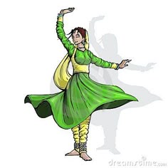 a woman dressed in green and yellow dancing with her arms out to the side,