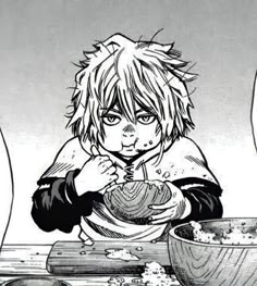 an anime character eating food from a bowl