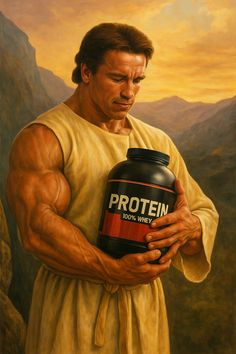 a painting of a man holding a jar of protein