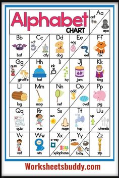 an alphabet chart with pictures of animals and letters