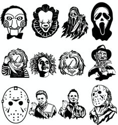 six scary masks with different faces and haircuts, all in black and white