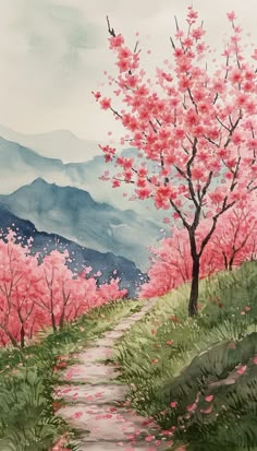 a watercolor painting of a path leading to a tree with pink flowers on it