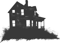 the silhouette of a house on top of a hill with grass in front of it
