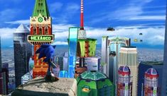 sonic the hedgehog is standing on top of a building with other buildings in the background