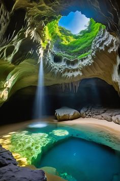 the inside of a cave with blue water and light coming out from it's ceiling
