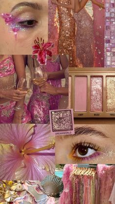 a collage of different images with pink and gold colors on the face, eyeliners