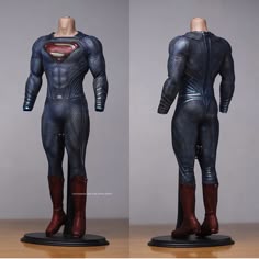 two images of the superman suit on display in front of a gray background and back view
