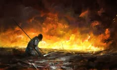a painting of a person standing in the water with two swords on their shoulders and fire behind them