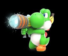 a green and white toy with a light on it's head holding a telescope