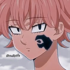 an anime character with pink hair and black eyeliners on his face, looking at the camera