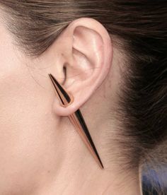 a close up of a person's ear with two thin black pins sticking out of it