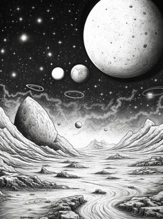 an artist's drawing of planets in the sky with mountains and rocks around them