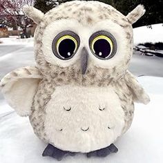 an owl stuffed animal sitting in the snow