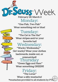 the dr seuss week poster is shown in blue and white with words on it