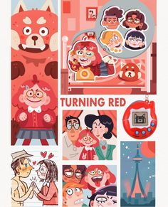 an illustrated poster with people and animals in different poses, including the words turning red