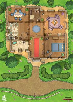 an aerial view of a house with lots of furniture and trees on the ground floor