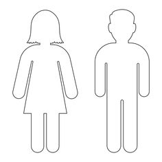 a man and woman standing next to each other in front of a white background with black outline