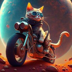a cat riding on the back of a motorcycle in front of an orange planet with rocks