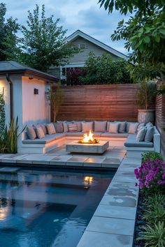 a fire pit in the middle of a backyard