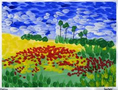 a painting of flowers in a field with blue sky and clouds behind it, painted by children