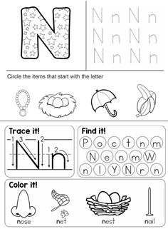 the letter n worksheet with pictures and words to help kids learn how to write
