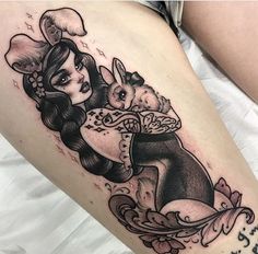 Dark Pinup Tattoo, Anime Pinup Tattoo, Goth Pinup Tattoo, Creepy Pinup Tattoos, Neo Traditional Bunny Tattoo, Bunny Girl Tattoo, Pinup Cat Tattoo, Neotraditional Pinup Tattoo, Neo Traditional Pinup Tattoo