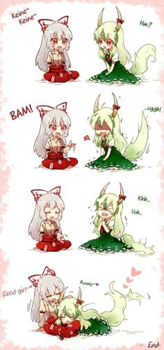 four different poses of anime characters with their names in red, white and green colors