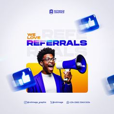 a man holding a megaphone in his hand and yelling into it with the words we are referals above him