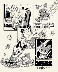 an old comic strip with cats and kittens in the background, one cat is eating food