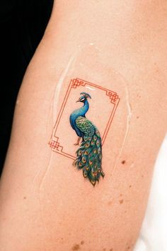 Peacock tattoo with bright, colorful feathers, symbolizing self-expression and confidence