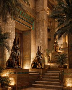 two statues of egyptian pharaohs sit in front of the entrance to an elaborately decorated building