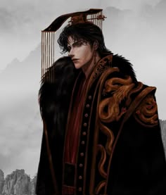 a painting of a man with a bird cage on his head, in front of mountains