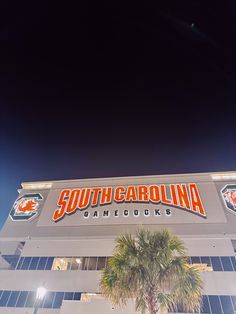 the south carolina gamecock's stadium is lit up at night with palm trees