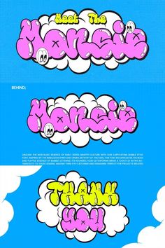 some type of graffiti font that is in the air with clouds and blue sky behind it