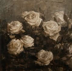 an oil painting of white roses in a vase on a black and brown background,