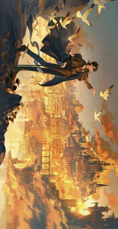 an image of a man flying through the air with birds in front of his head