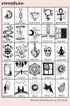 an image of various symbols in black and white, with the words moon tars on it