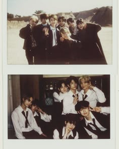 two pictures of boys in school uniforms posing for the camera