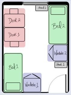 a floor plan for a bedroom with two beds