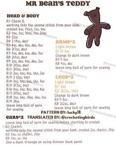 a brown teddy bear sitting on top of a white sheet with the words mr bean's teddy