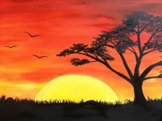 a painting of a sunset with trees and birds flying in the sky over grass land