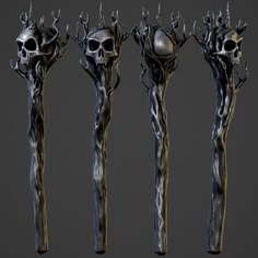 four different types of trees with skull heads on each tree branch, all in bronze and black