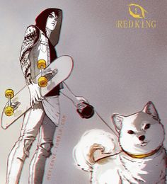 a drawing of a person holding a skateboard next to a white dog and cat