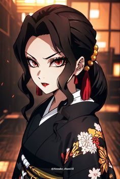 an anime character with dark hair and red eyes wearing a black kimono, looking to the side
