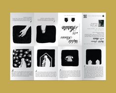 an open book with black and white illustrations on it