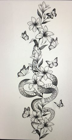 a drawing of a snake and flowers with butterflies