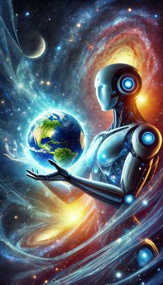 a woman holding the earth in her hands with space and stars around her, as if she were looking at it